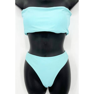 Bandeau Strapless High Rise Cheeky Two Piece Bathing Suit Turquoise Blue Large